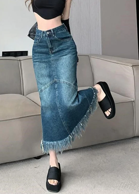 Street Graffiti Design Women Navy High Waist Patchwork Tassel Denim Maxi Skirts Summer Street Graffiti Design Women Navy High Waist Patchwork Tassel Denim Maxi Skirts Summer