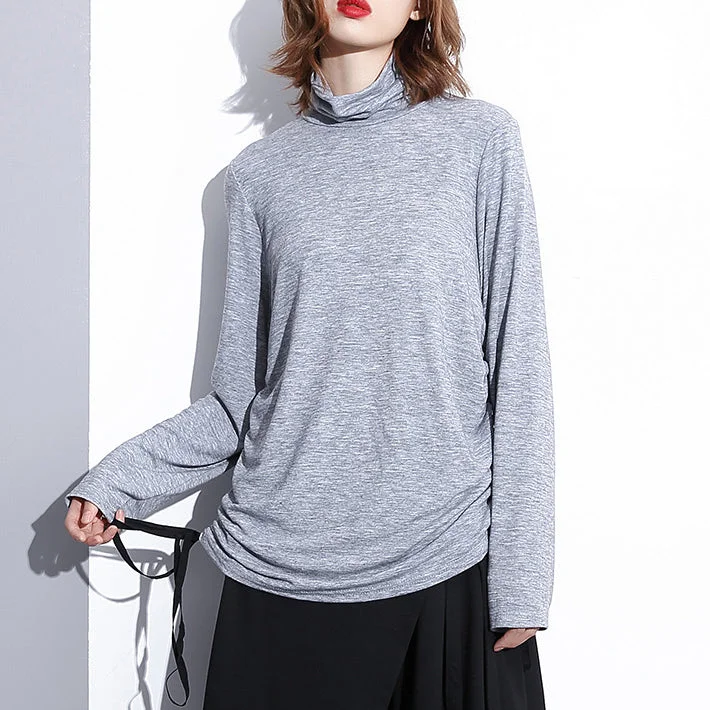 Sports Fitness Style fine gray pure tops oversized high neck cotton t shirt fine drawstring blouses Sports Fitness Style fine gray pure tops oversized high neck cotton t shirt fine drawstring blouses