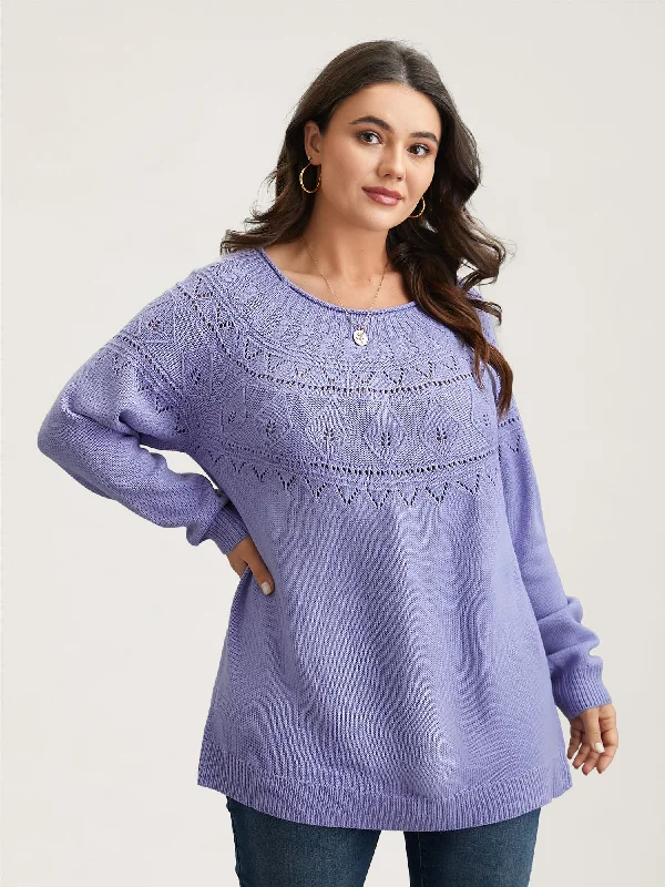 Sweet Princess Skirt Eyelet Trim Cable Knit Round Neck Pullover