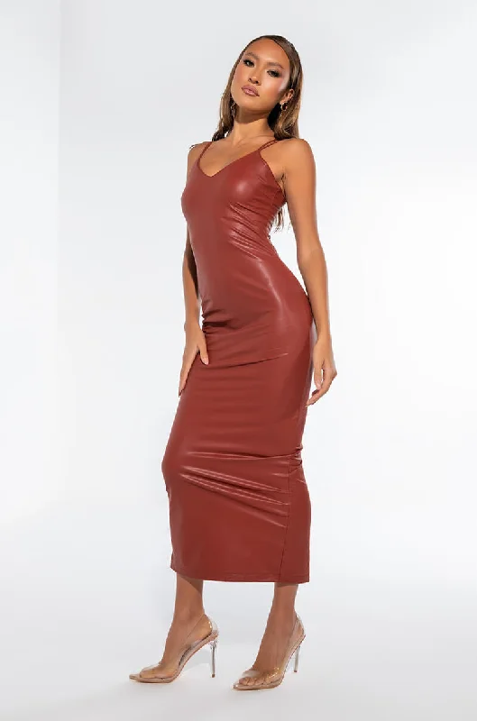 Free and comfortable PREMIUM STRETCH VEGAN LEATHER MIDI DRESS rust