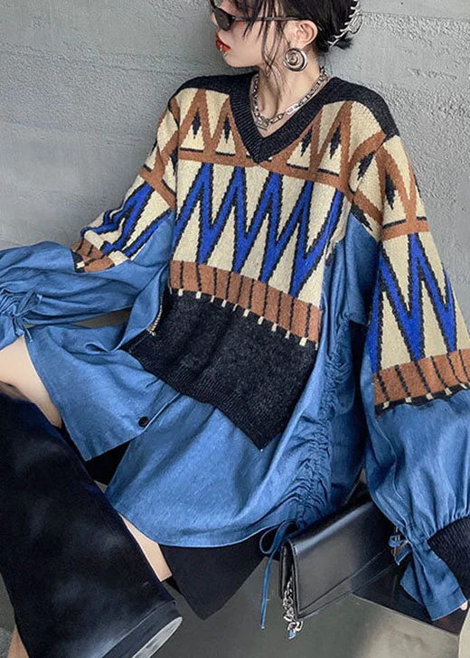 Street Style diy Blue Knit Patchwork Denim drawstring Fall sweaters