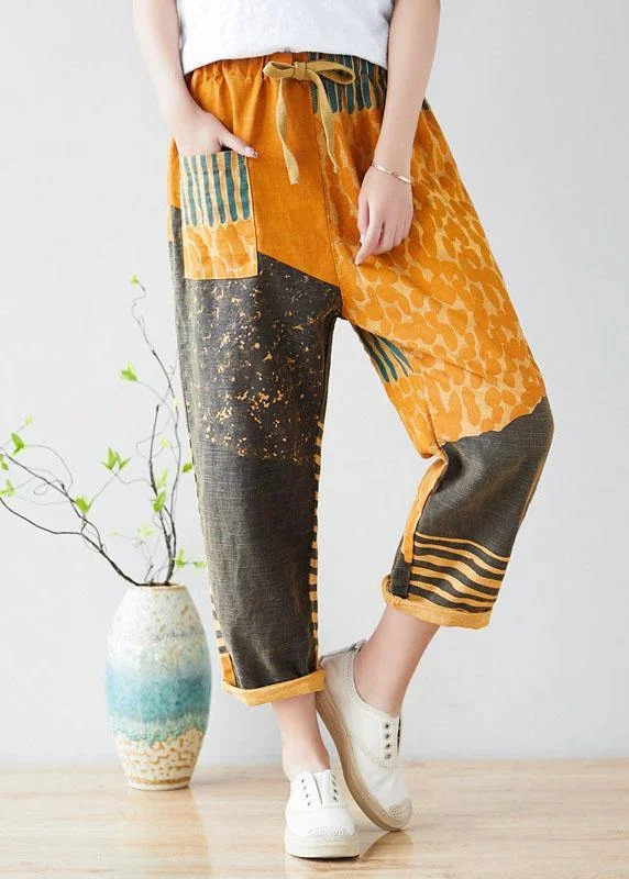 Sweet College Style Modern Yellow Retro Colorblock Tie waist Fall Pants Denim