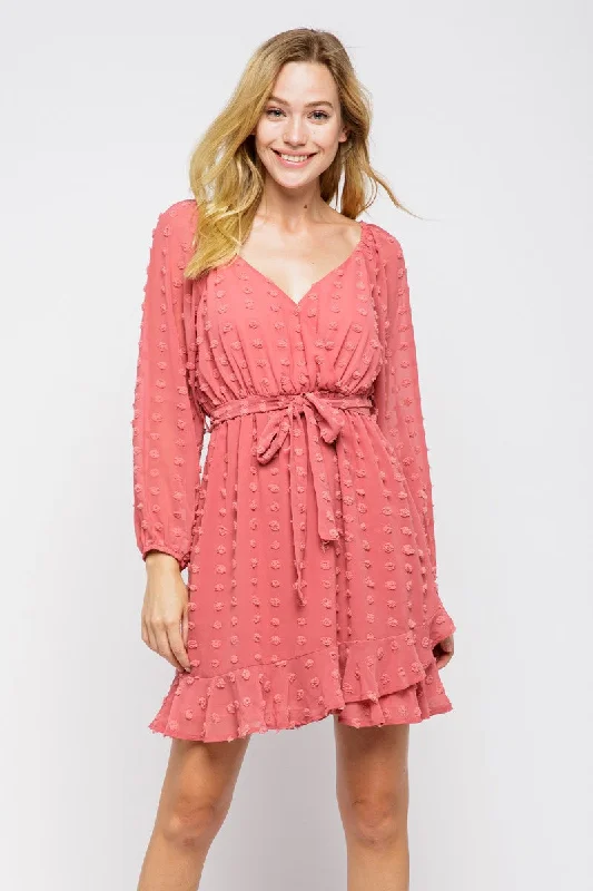 Retro Design MAUVE SWISS DOT SELF-TIE WAIST RUFFLED MINI DRESS MDR8083
