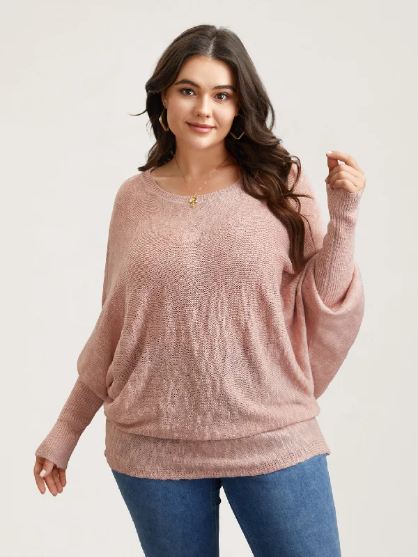 Street Style Heather Textured Dolman Sleeve Ribbed Pullover
