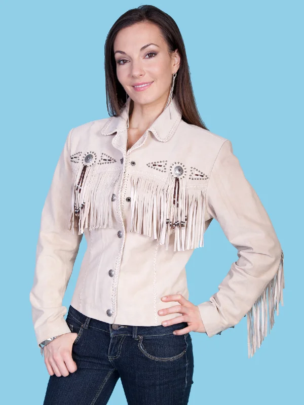 Alice style Scully Womens Fringe Yoke Beaded Sand Leather Leather Jacket