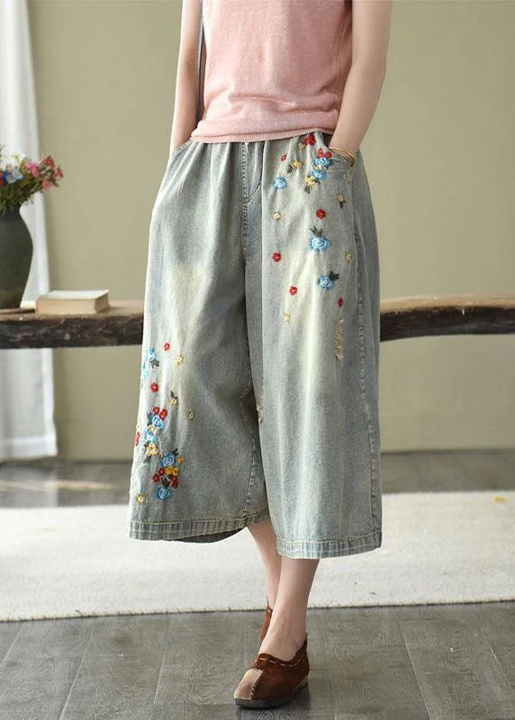Sweet Short Skirt Style Comfy Grey Embroideried Wide Leg denim Pants For Women