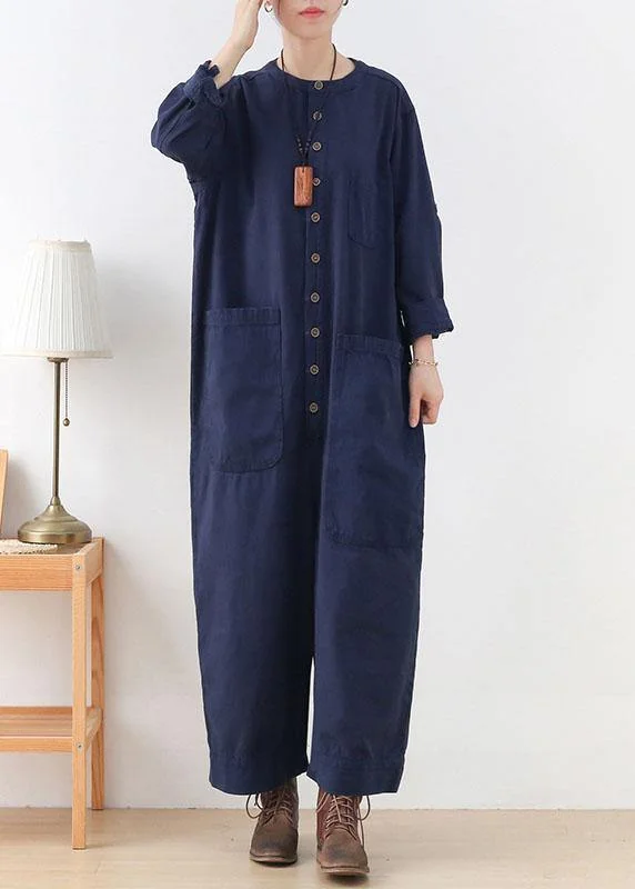 Black And White Style Modern Blue Loose Pockets Fall Button Denim Romper Sets