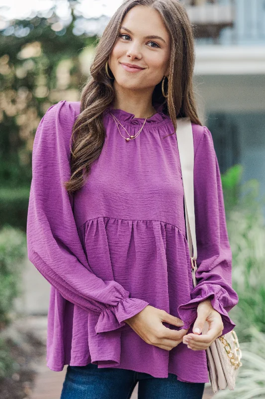 Retro Lace Fabric Making Moves Plum Purple Ruffled Blouse