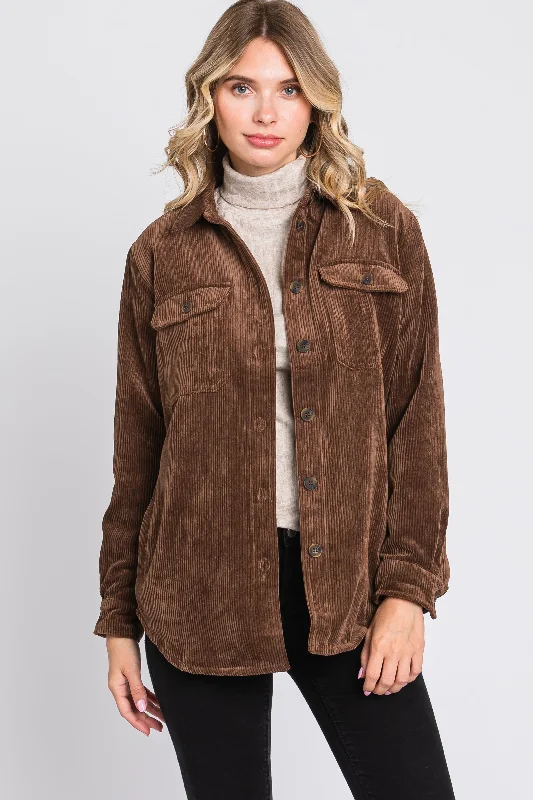 Sweet College Style Brown Corduroy Plaid Fleece Lined Button Down Shacket