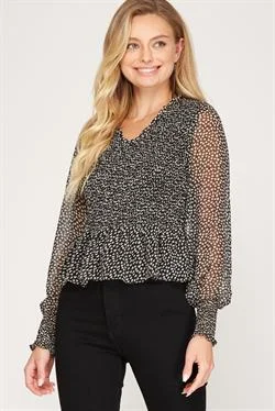Cool Style BLACK PUFF LONG SLEEVES SMOCKED PEPLUM WOVEN TOP S8SS7548