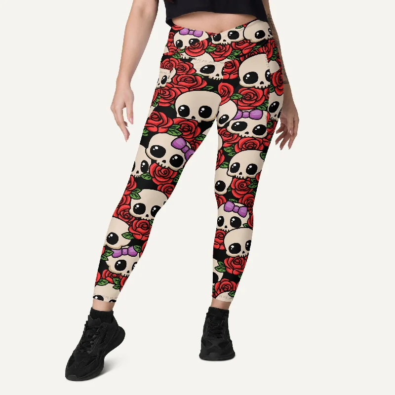Alice style Kawaii Skulls And Roses Crossover Leggings With Pockets