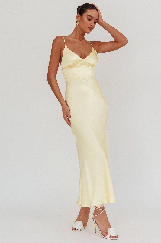 Sweet Puffy Skirt Hold Me Satin Backless Maxi Dress Lemon