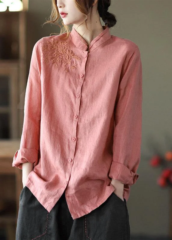 Sweet Lace Design Fashion Pink Button Embroideried Fall Linen Tops Long Sleeve