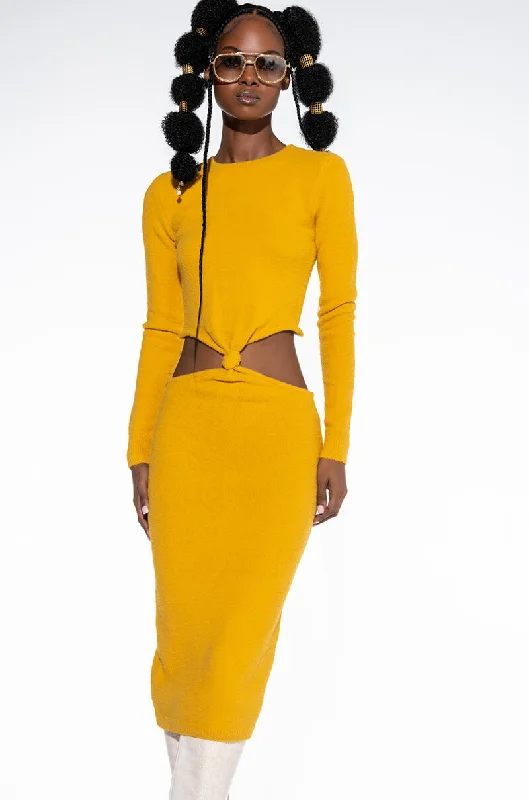 Street Show-off Style COZY BUT CUTE PLUSH SWEATER MIDI DRESS DARK YELLOW
