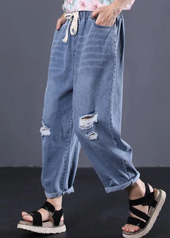 Renaissance Style 2025 new denim blue plus size pants elastic waist drawstring ripped Jeans Renaissance Style 2025 new denim blue plus size pants elastic waist drawstring ripped Jeans