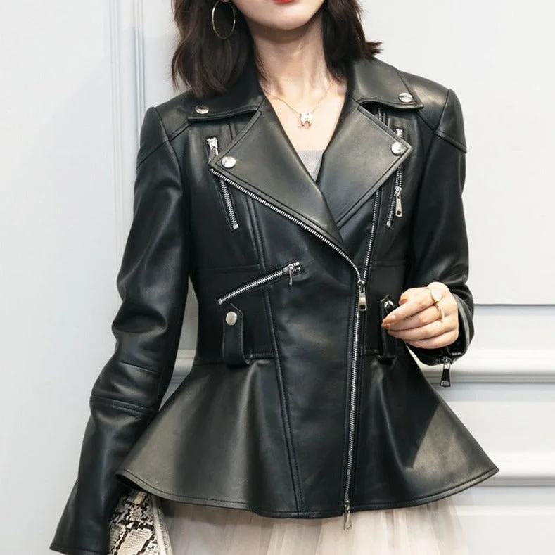 Hip-Hop Style Genuine Leather Moto Jackets Ruffle Flare