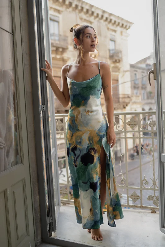 Elegant Classic Natalia Blue and Gold Watercolor Maxi Dress
