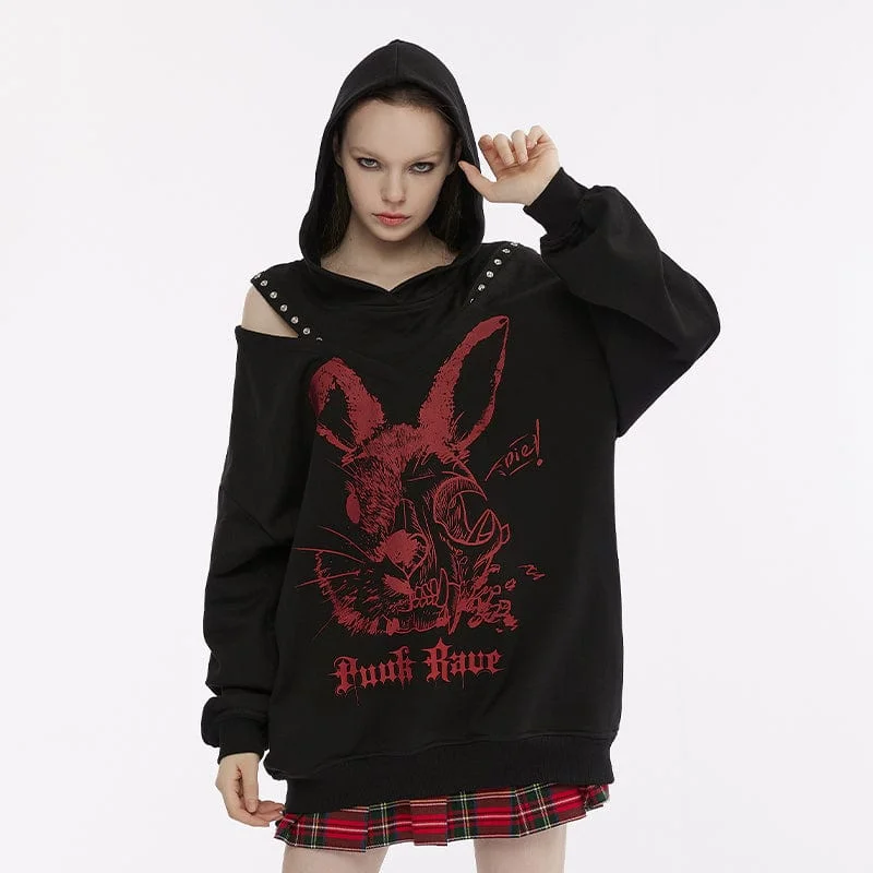 Independent design Women's Punk Off Shoulder Rabbit Printed Hoodie