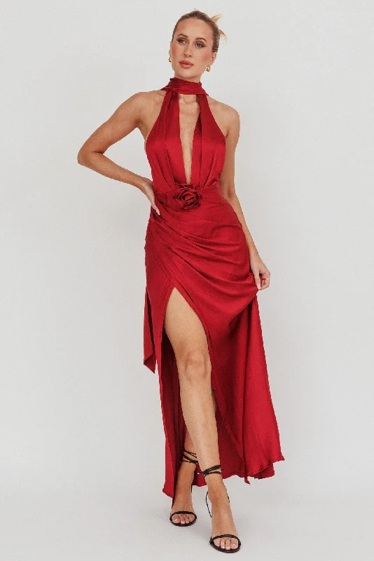 Classic style Italia Azure Halterneck Rosette Maxi Dress Wine
