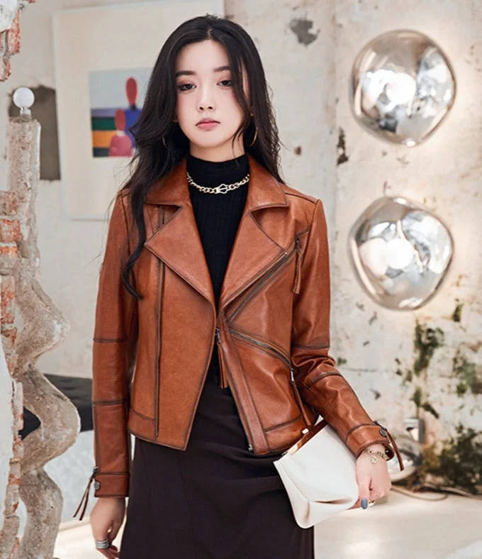 Retro Literary Style Genuine Leather Jackets Classy Moto