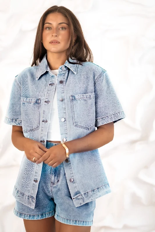 Sweet College Style Tatum Denim Shirt Clear Water Blue