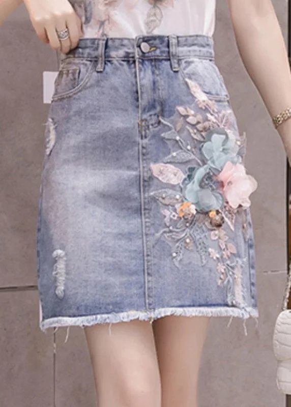 Sweet Small Flower Pattern Stylish Blue Floral Patchwork High Waist Nail Bead Denim Skirt Sweet Small Flower Pattern Stylish Blue Floral Patchwork High Waist Nail Bead Denim Skirt