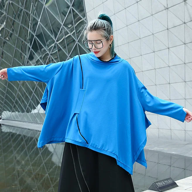 Street Style Fine blue Midi pullover casual stand collar tops casual Batwing Sleeve asymmetrical design clothing tops Street Style Fine blue Midi pullover casual stand collar tops casual Batwing Sleeve asymmetrical design clothing tops