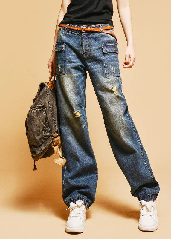 Street Letter Style Italian Blue High Waist Hole Pockets Cotton Denim Pants Fall
