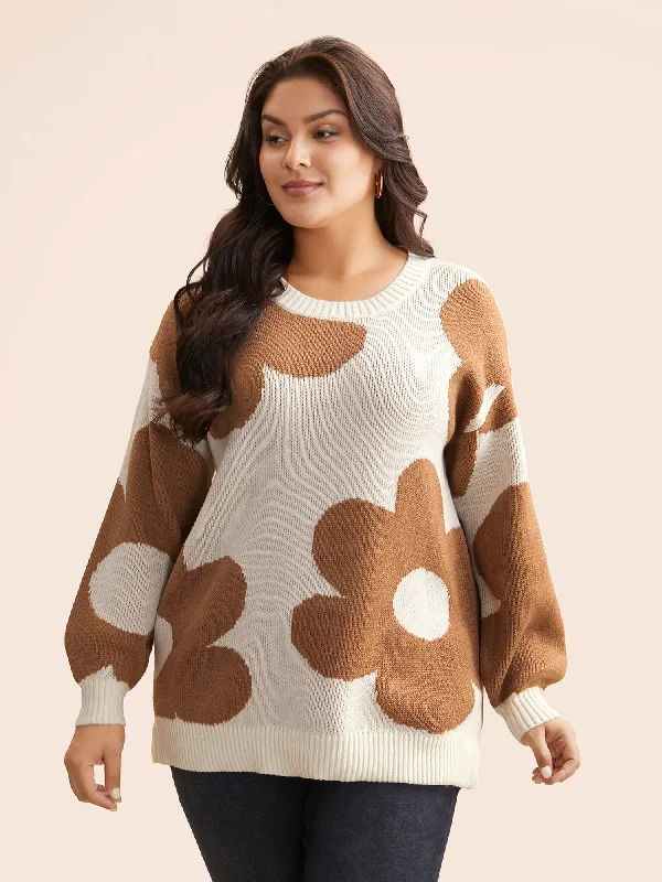 Street Personality Style Floral Jacquard Drop Shoulder Sleeve Pullover