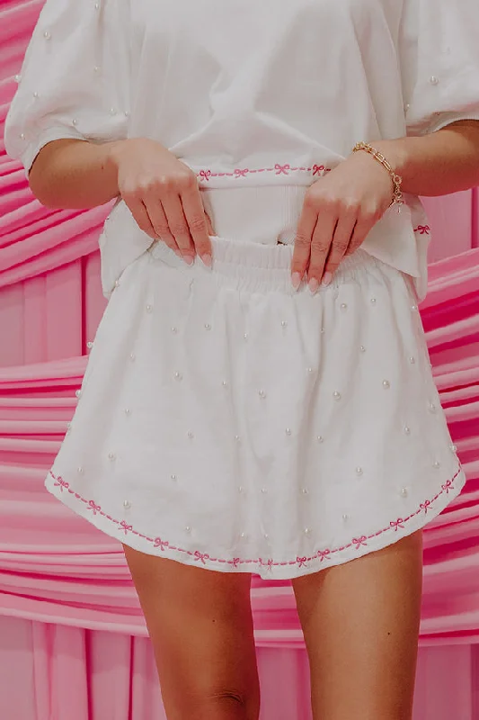 Sports Fitness Style Bows And Kisses Pearl Embellished High Waist Skort in White