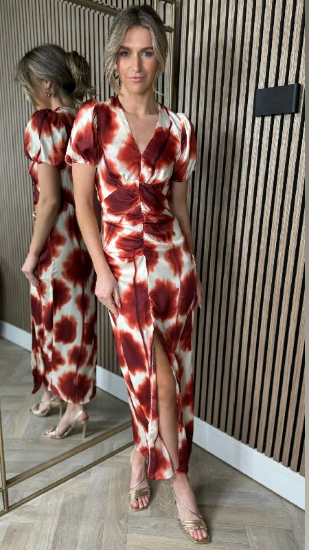 Fashionable sports Carlota Rust Printed Puff Sleeve Front Split Midi Dress
