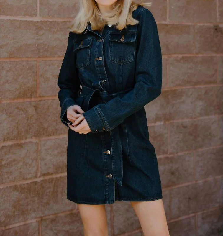 Street Personality Style Denim Belted Dress In Blue
