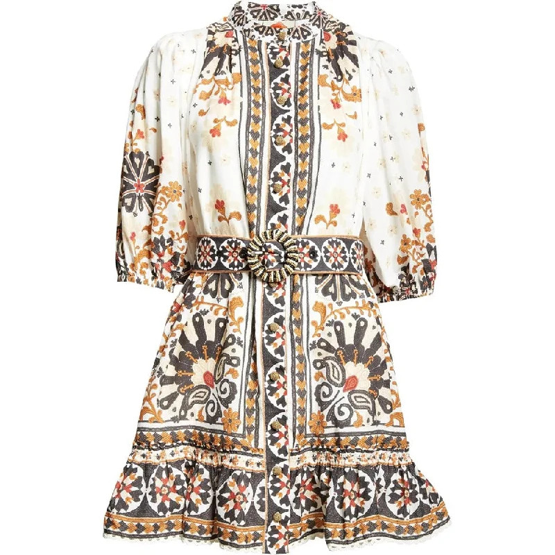 Street Style Farm Rio Women's Flower Fan Tapestry Print Puff Sleeve Belted Mini Shirt Dress