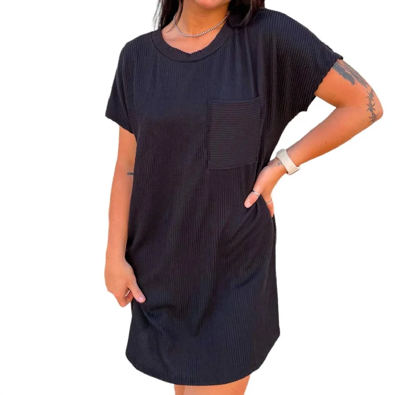 Hip-hop Style Maggie Ribbed Round Neck Short Sleeve Mini Dress In Black