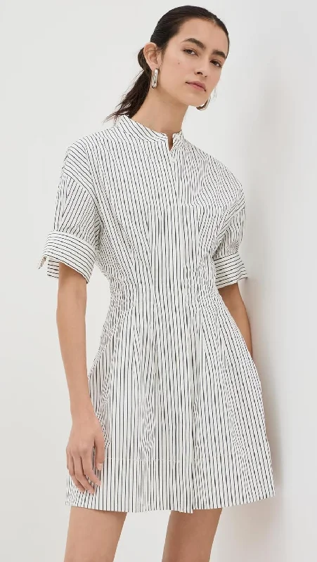 Black And White Style STAUD Women's Mini Lorenza Dress, Ivory Micro Stripe