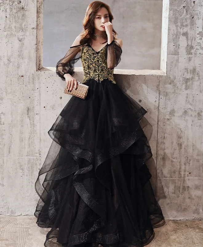 Sweet Student Style Black Tulle Lace Long Prom Dress Black Tulle Formal Dress
