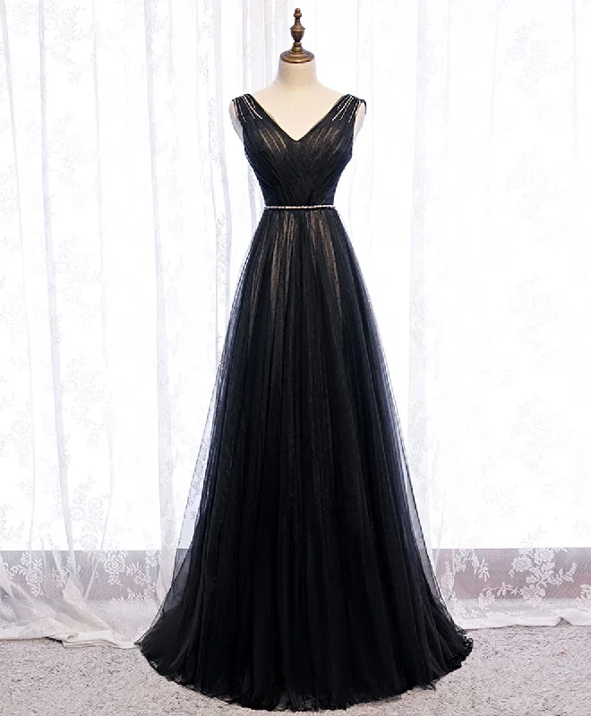 Independent design Black V Neck Tulle Lace Long Prom Dress Black Evening Dress