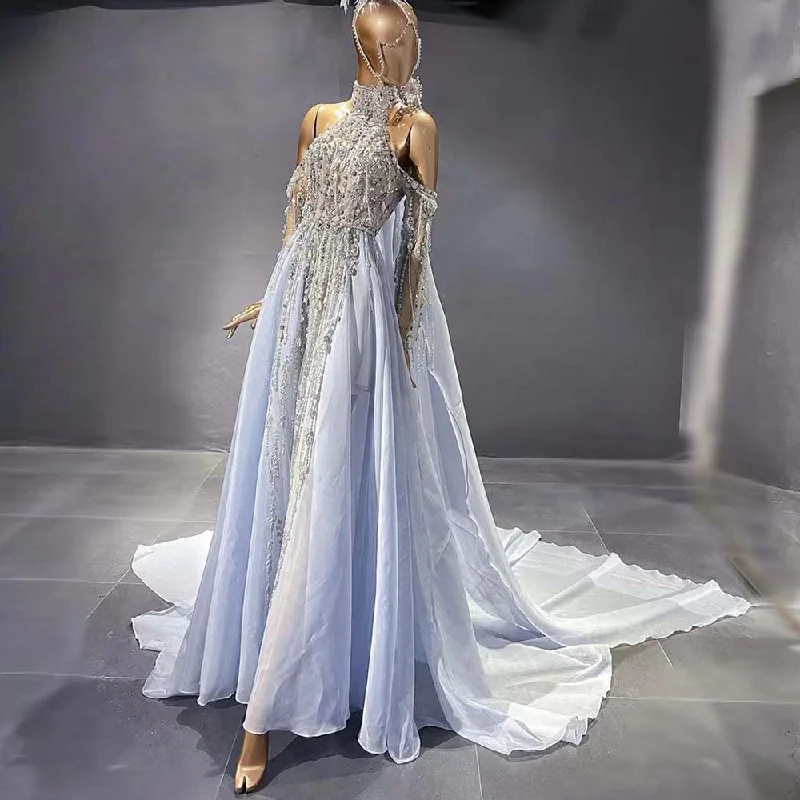 Retro Style Blue Luxury Halter Cape Evening Dresses Gowns 2024 Beaded A-Line High-end For Women Party Serene Hill LA71522