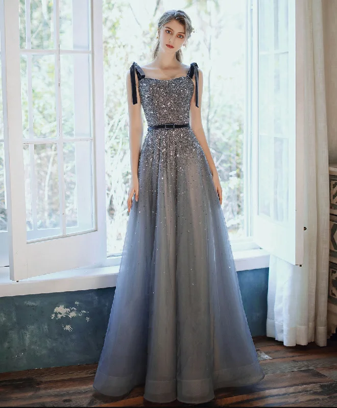 Sweet Lace Design Blue Sweetheart Tulle Sequin Long Prom Dress Blue Formal Dress