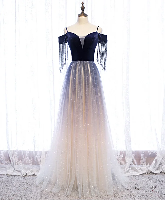 Alice style Blue Tulle Long Prom Dress Blue Tulle Formal Dress with Beading Velvet