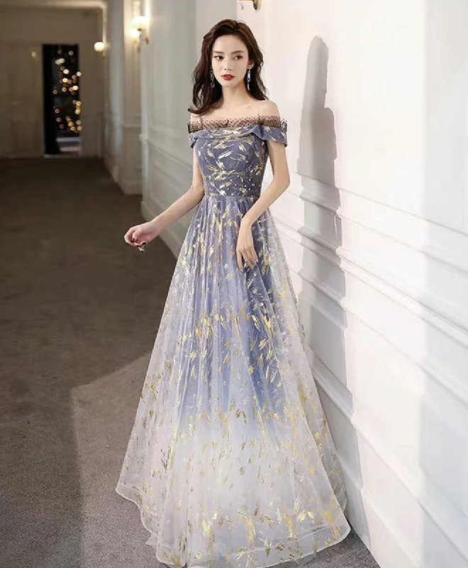 Sweet Short Skirt Style Blue Tulle Off Shoulder Lace Long Prom Dress Tulle Formal Dress