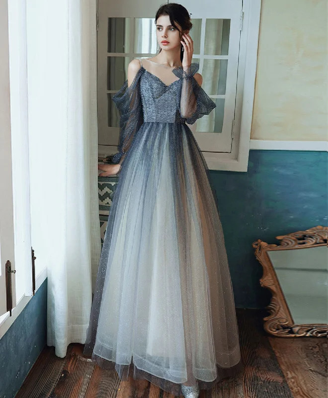 Urban Fashion Blue Tulle Sequin Long Prom Dress Blue Tulle Formal Dress