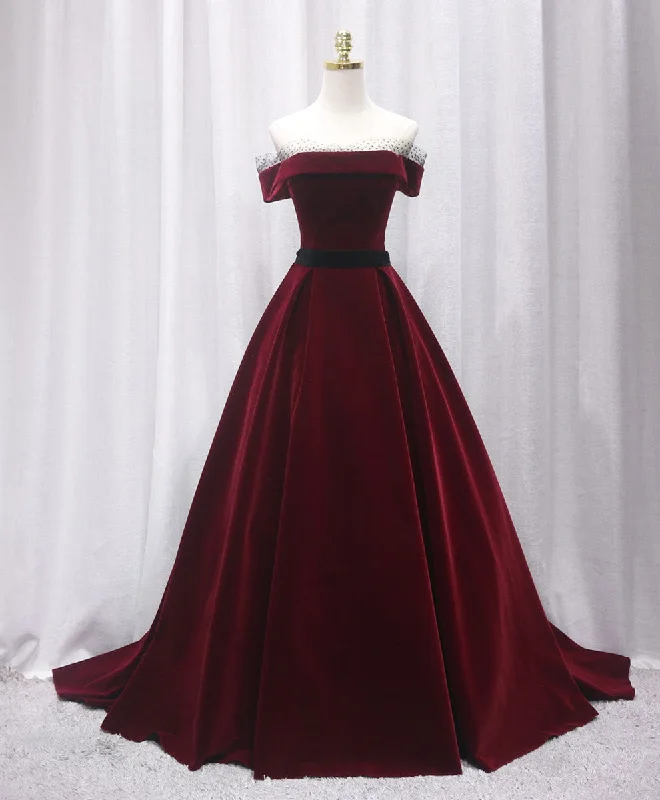 Street Vertical And Horizontal Design Burgundy Long Off Shoulder Prom Dress Long Evening Dress