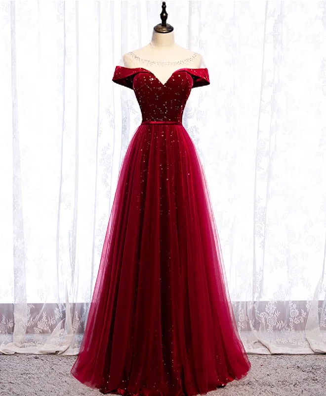Fun and cute Burgundy Round Neck Tulle Sequin Long Prom Dress Tulle Formal Dress
