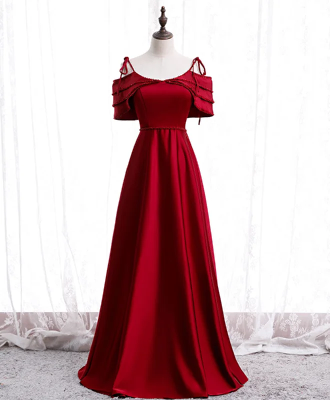Sweet Small Flower Pattern Burgundy Satin Beads Long Prom Dress Burgundy Evening Dress