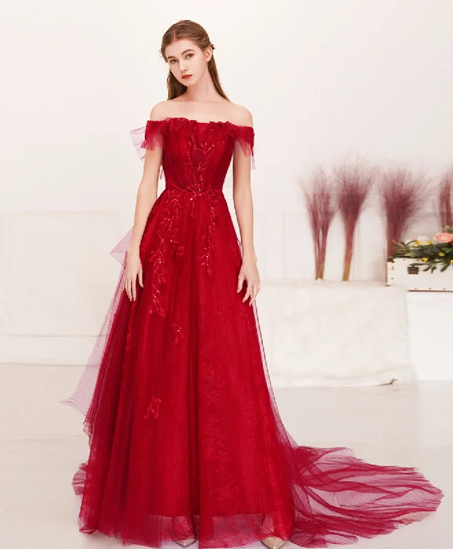 Cool Style Burgundy Tulle Lace Long Prom Dress Burgundy Evening Dress