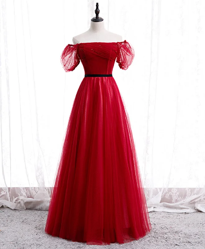 Style Design Burgundy Tulle Lace Long Prom Dress Burgundy Formal Dress