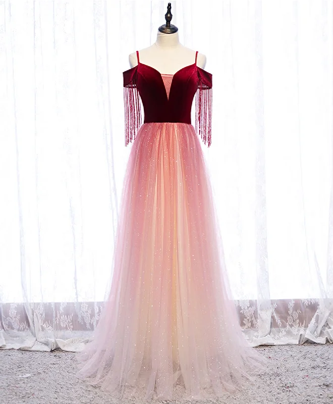 Design sense Burgundy Tulle Long Prom Dress Burgundy Tulle Formal Dress