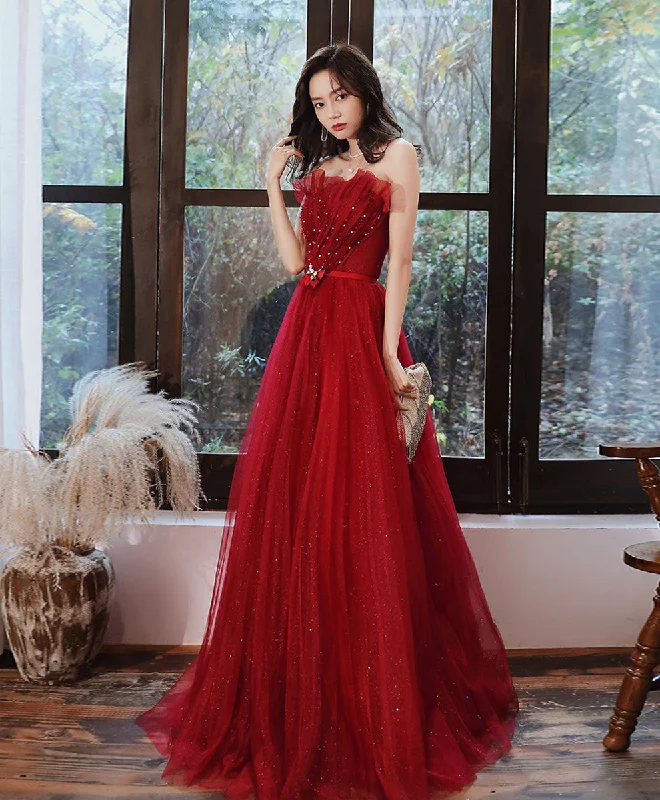 Street Style Burgundy Tulle Long Prom Dress Tulle Formal Dress