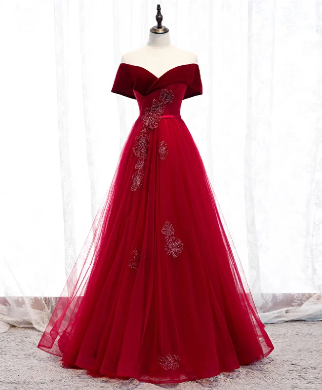 High waist design Burgundy Tulle Off Shoulder Long Prom Dress Burgundy Formal Dress